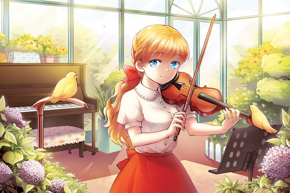 1girl bad_id bad_pixiv_id bird blonde_hair blue_eyes chair female_focus flower greenhouse holding instrument long_hair looking_at_viewer original piano ponytail riri_(artist) smile solo upright_piano violin window