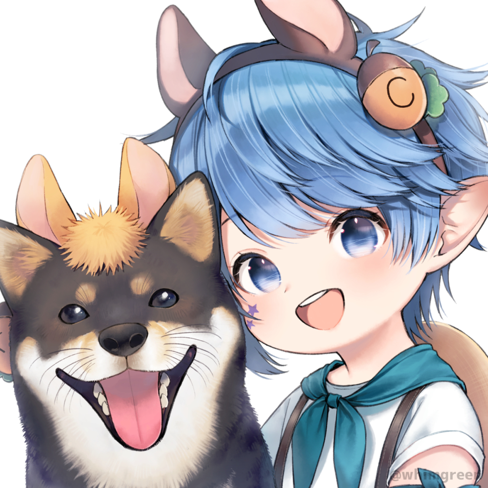 :d acorn animal animal_ears black_hairband blue_eyes blue_hair blush brown_hat commentary_request dog facial_mark fake_animal_ears final_fantasy final_fantasy_xiv hairband hat hat_on_back lalafell looking_at_viewer midorikawa_you open_mouth round_teeth shirt short_sleeves simple_background smile star_(symbol) teeth unworn_hat unworn_headwear upper_body upper_teeth_only white_background white_shirt