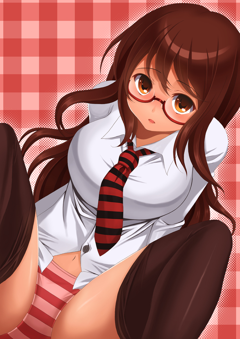 1girl bad_id bad_pixiv_id black_thighhighs bottomless breasts brown_eyes brown_hair dress_shirt female_focus glasses laco_soregashi long_hair navel necktie no_pants original panties shirt solo striped_clothes striped_panties thighhighs underwear