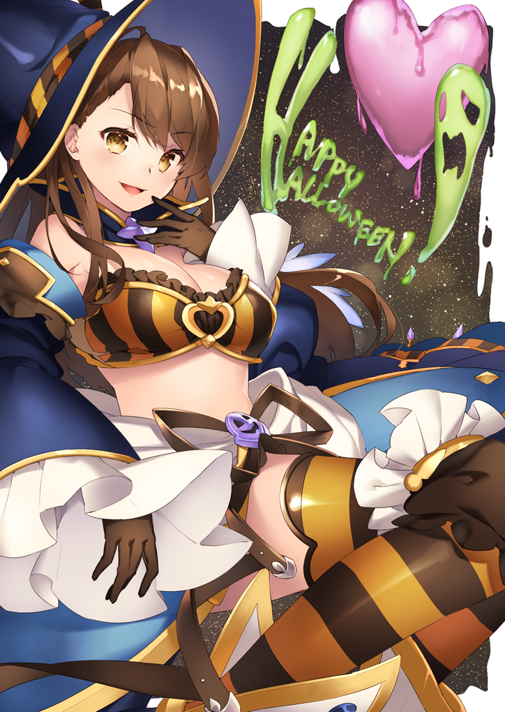 &gt;:d 10s 1girl :d bad_id bad_pixiv_id beatrix_(granblue_fantasy) beatrix_(halloween)_(granblue_fantasy) breasts brown_eyes brown_gloves brown_hair cleavage detached_sleeves female_focus from_behind gloves granblue_fantasy halloween happy_halloween hat large_breasts looking_at_viewer midriff open_mouth ponytail shiyun sidelocks smile smirk solo striped_clothes striped_thighhighs swept_bangs thighhighs tongue v-shaped_eyebrows wide_sleeves witch_hat