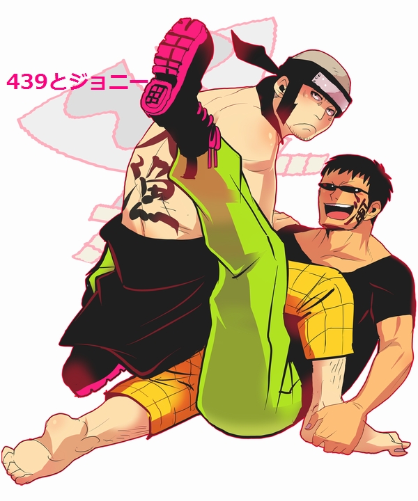 2boys amu_(omoro3bot) barefoot black_hair black_shirt boots east_blue green_pants headband johnny_(one_piece) male_focus md5_mismatch multiple_boys one_piece pants plaid_clothes plaid_pants shirt sunglasses t-shirt topless_male yosaku_(one_piece)