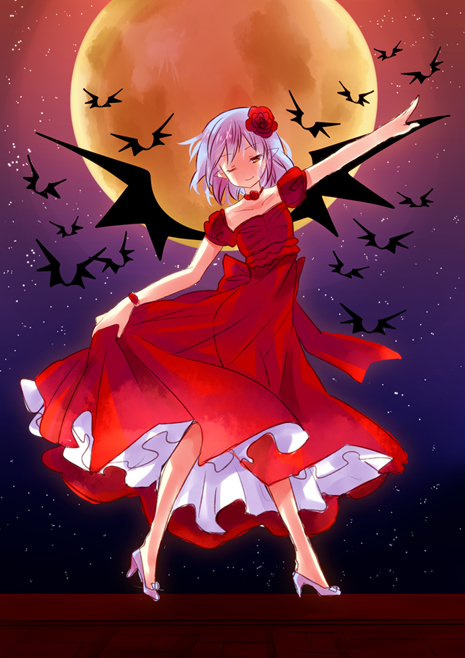 1girl alternate_costume bat_(animal) bat_wings female_focus flower full_moon hair_flower hair_ornament izumi_minami light_purple_hair moon one_eye_closed pointy_ears red_eyes remilia_scarlet skirt_hold solo touhou wings wink