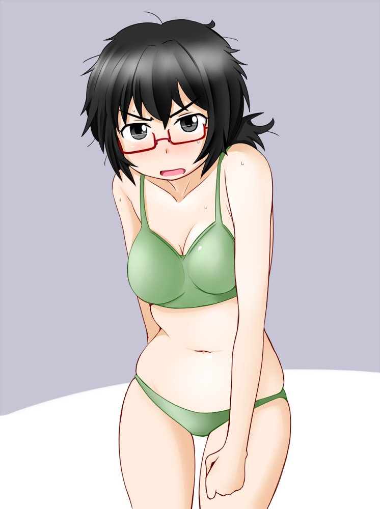 1girl black_hair blue_eyes blush bra breasts cleavage collarbone girls_und_panzer glasses green_bra green_panties medium_breasts navel open_mouth oryou_(girls_und_panzer) panties short_hair skindentation solo standing sweat tanaka_rikimaru two-tone_background underwear