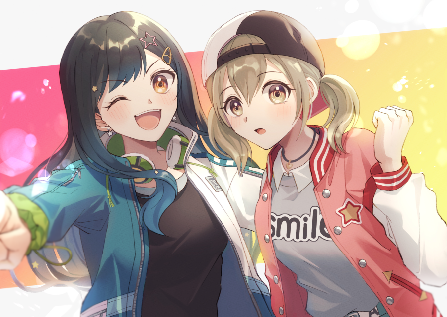 2girls ;d azusawa_kohane baseball_cap black_hair blush brown_eyes hair_ornament hat headphones headphones_around_neck hood hood_down jacket letterman_jacket long_hair long_sleeves looking_at_viewer multiple_girls nanase_(nns_6077) one_eye_closed open_clothes open_jacket open_mouth project_sekai shiraishi_an shirt smile star_(symbol) twintails upper_body