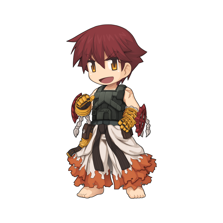 1boy :d barefoot belt black_belt black_gloves brown_eyes brown_hair bulletproof_vest chibi chibi_only clothes_around_waist cross_of_prontera flame_print full_body gauntlets gloves hair_between_eyes looking_at_viewer male_focus official_art open_mouth pants ragnarok_online scar scar_on_arm shirt shirt_around_waist short_hair simple_background smile solo sura_(ragnarok_online) transparent_background v-shaped_eyebrows white_pants white_shirt yuichirou