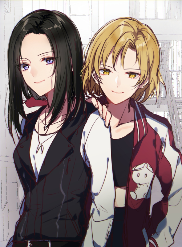 2girls bang_dream! belt belt_buckle black_belt black_hair black_shirt black_vest blonde_hair breasts buckle closed_mouth collarbone hand_on_another&#039;s_shoulder jacket mizukikushou multiple_girls open_clothes open_jacket parted_bangs purple_eyes red_jacket sato_masuki shirt small_breasts smile stairs upper_body vest wakana_rei yellow_eyes