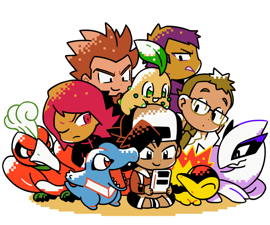 5boys archer_(pokemon) backwards_hat baseball_cap bird black_eyes black_hair black_shirt blue_skin brown_hair chikorita closed_eyes closed_mouth coat colored_skin creatures_(company) cyndaquil dot_mouth elm_(pokemon) ethan_(pokemon) fire game_boy game_freak gen_2_pokemon glasses green_eyes hand_on_own_hip handheld_game_console hat ho-oh holding holding_handheld_game_console indian_style lance_(pokemon) leaf legendary_pokemon long_hair looking_at_another looking_at_object looking_to_the_side lugia lying male_focus multiple_boys necktie nintendo on_head on_stomach one_eye_closed open_mouth orange_hair orange_skin outstretched_arm parted_lips playing_games plume pokemon pokemon_(creature) pokemon_gsc pokemon_gsc_(style) raised_eyebrows red_eyes red_hair rimless_eyewear sharp_teeth shirt sideways_glance silver_(pokemon) sitting smile ssalbulre teeth totodile white_background white_coat widow&#039;s_peak