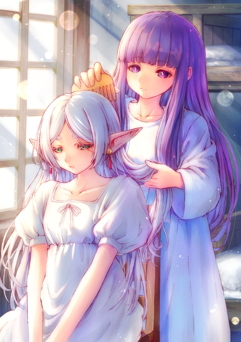 2girls bed brushing_hair bunk_bed chair collarbone earrings elf fern_(sousou_no_frieren) frieren green_eyes highres jewelry kodue55 long_hair multiple_girls pointy_ears purple_eyes purple_hair sitting sleepwear sleepy sousou_no_frieren white_hair window