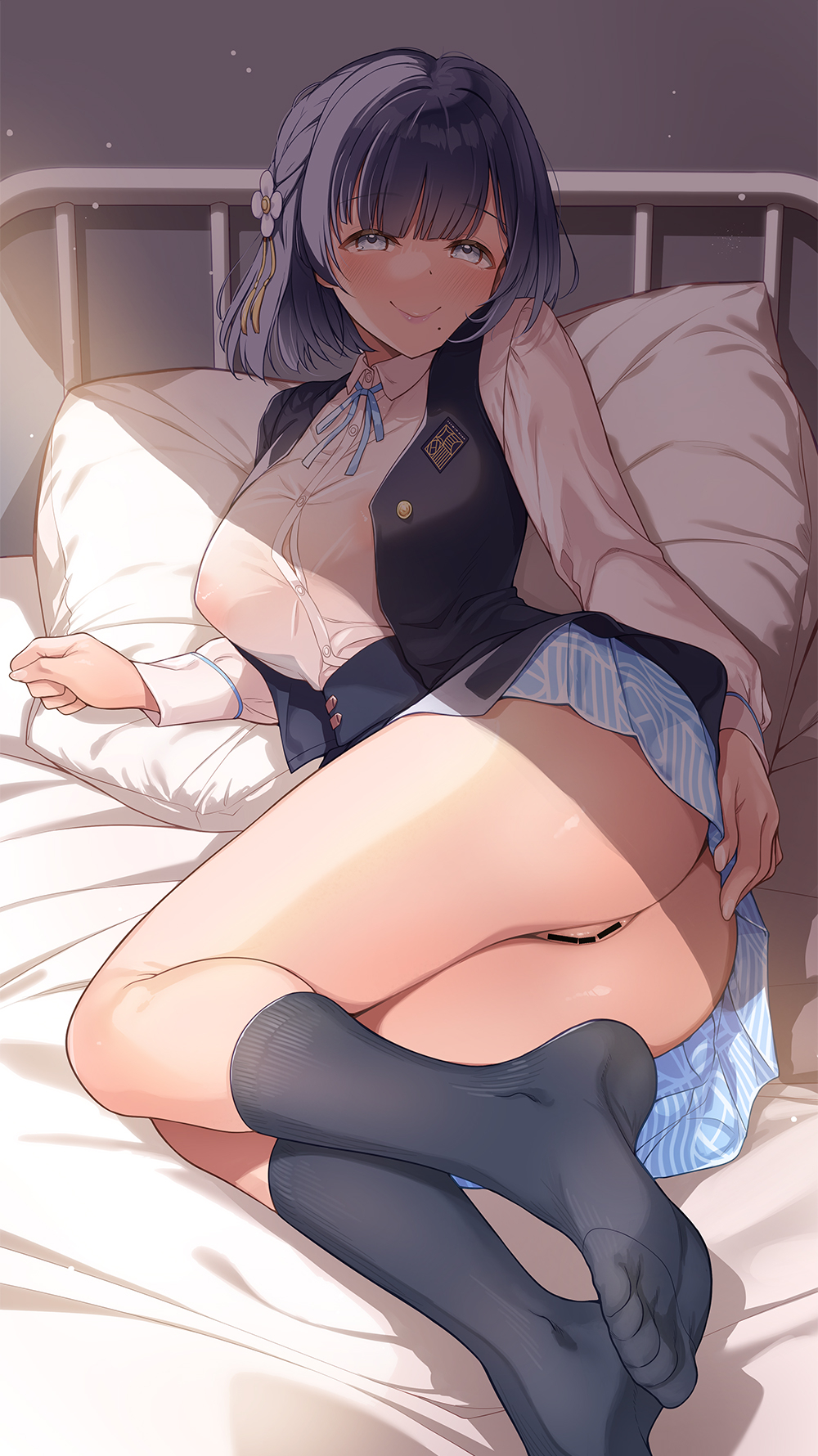 1girl ass bar_censor bed_sheet black_socks black_vest blue_eyes blue_ribbon blue_skirt blush breasts bursting_breasts censored closed_mouth collared_shirt feet flower gakuen_idolmaster hair_flower hair_ornament hataya_misuzu highres idolmaster indoors large_breasts legs looking_at_viewer lying medium_hair mk_(mod0) mole mole_under_mouth neck_ribbon no_shoes on_bed on_side open_clothes open_vest pillow purple_hair pussy ribbon school_uniform shirt skirt smile socks soles solo thighs toes vest white_shirt