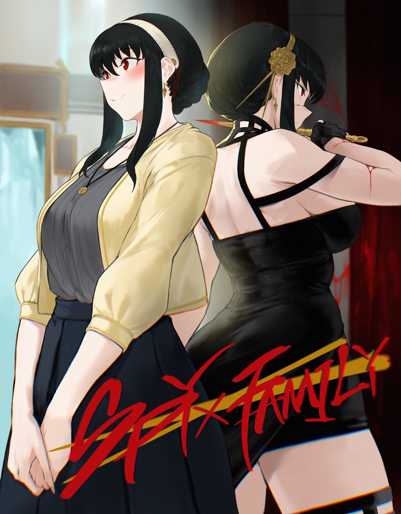 1girl back-to-back backboob bare_shoulders black_dress black_hair blood blood_on_arm bloody_weapon breasts cardigan copyright_name dagger dress earrings gold_earrings gold_hairband grey_shirt hairband holding holding_dagger holding_knife holding_weapon jewelry knife large_breasts necklace red_eyes rowkiba shirt shirt_tucked_in short_hair_with_long_locks sidelocks spy_x_family thighhighs thighs weapon white_hairband yellow_cardigan yor_briar