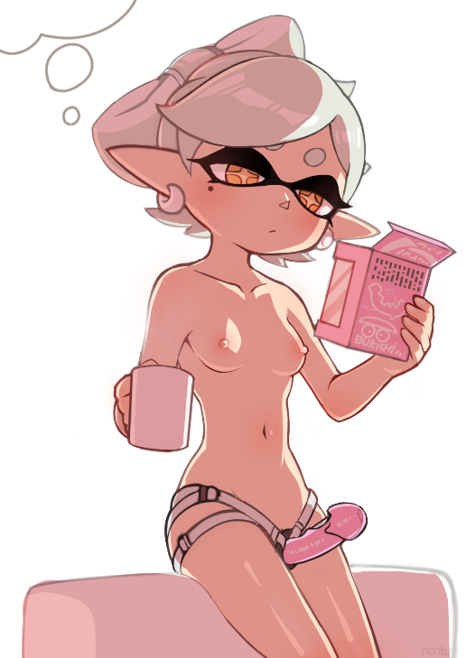 +_+ 1girl :/ bare_arms breasts closed_mouth cup dildo earrings female_focus hair_rings holding holding_cup inkling jewelry marie_(splatoon) mole mole_under_eye mug navel nintendo nipples notori_d orange_eyes pointy_ears sex_toy short_hair silver_hair small_breasts solo speech_bubble splatoon_(series) splatoon_1 strap-on symbol-shaped_pupils tentacle_hair thought_bubble topless