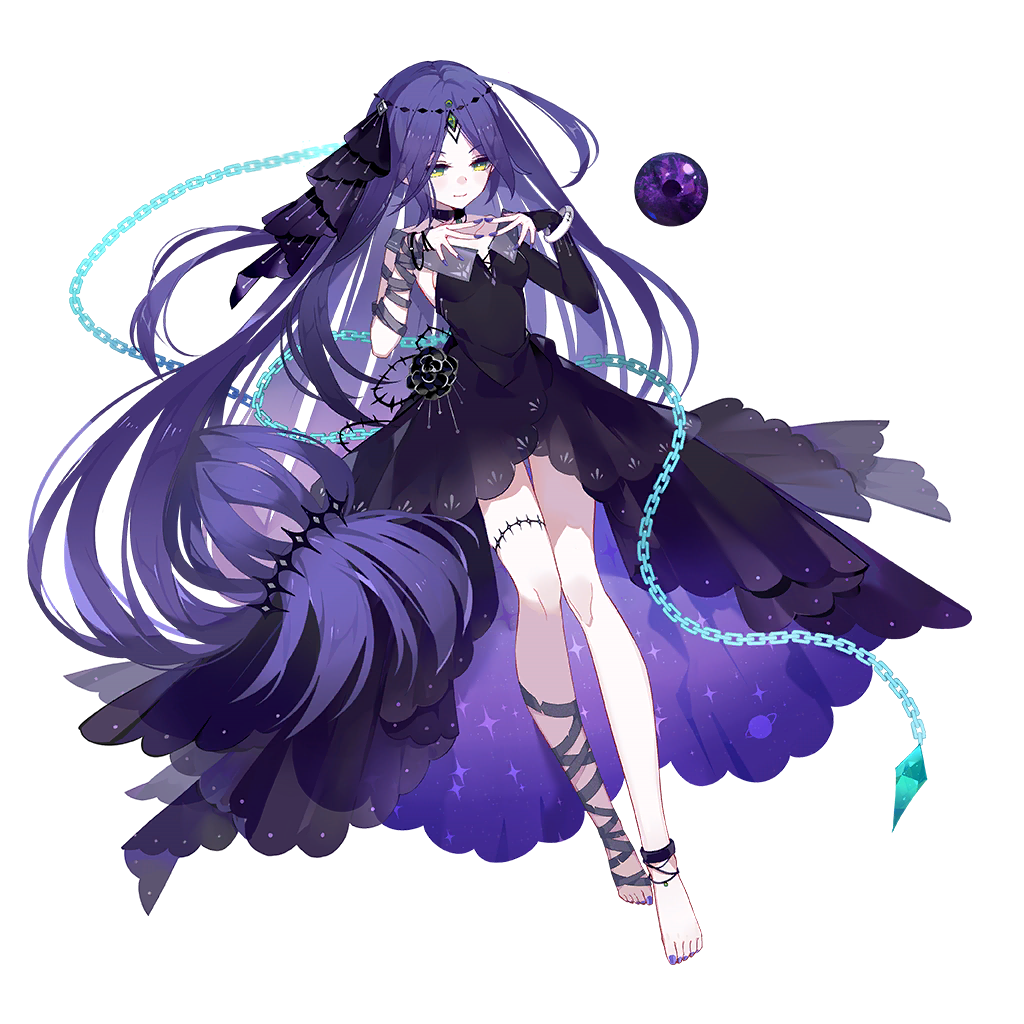 1girl bare_shoulders barefoot benghuai_xueyuan black_choker black_dress chain choker closed_mouth dress floating floating_object full_body green_eyes head_chain honkai_(series) jewelry jyahnar_(benghuai_xueyuan) long_hair official_art purple_dress purple_hair purple_nails solo third-party_source transparent_background two-tone_dress