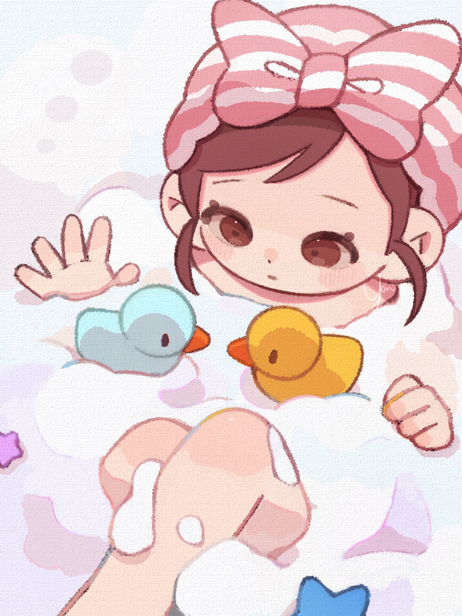 1girl bathing blush_stickers brown_eyes brown_hair clenched_hand closed_mouth dot_nose eyelashes from_above highres implied_nudity in_bathtub looking_down open_hand original parted_bangs rubber_duck sidelocks signature soap_bubbles yknsugar