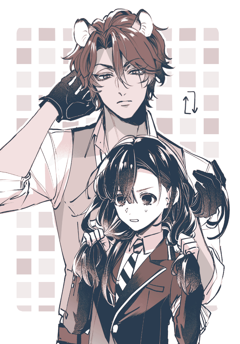 1boy 1girl alternate_hairstyle animal_ears brown_theme commentary_request hairstyle_switch holding_another&#039;s_hair leona_kingscholar lion_boy lion_ears long_hair monochrome night_raven_college_uniform redrabbit44 scar scar_across_eye school_uniform short_hair twisted_wonderland upper_body vest yuu_(twisted_wonderland)