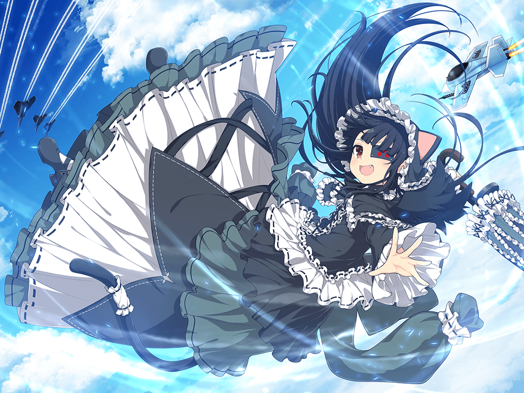 aircraft airplane animal_ears black_hair black_umbrella cat_ears cat_tail cloud day eyepatch fang fighter_jet flat_chest gothic_lolita hairband jet lolita_fashion lolita_hairband midair military_vehicle mirai_(senran_kagura) mitsudomoe_(shape) non-web_source official_art open_mouth red_eyes senran_kagura senran_kagura_new_link shuriken smile sunlight tail tomoe_(symbol) umbrella umbrella_gun weapon wind yaegashi_nan