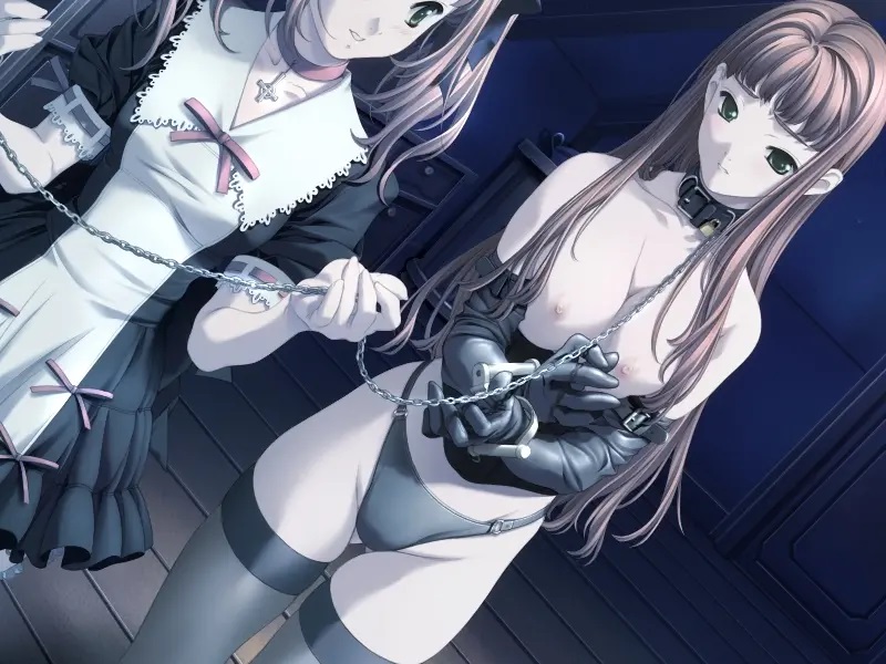 2girls bdsm black_gloves black_panties blush bondage bound breasts brown_hair chain chain_leash closed_mouth collar corset cuffs elbow_gloves f&amp;c female_focus femdom game_cg gloves green_eyes hair_ornament hair_ribbon indoors l&#039;heure_bleue leash lock long_hair mizutani_tooru multiple_girls nipples no_bra padlock panties parted_lips ribbon slave strap thighhighs twintails underwear wrist_cuffs wrists_cuffed_together