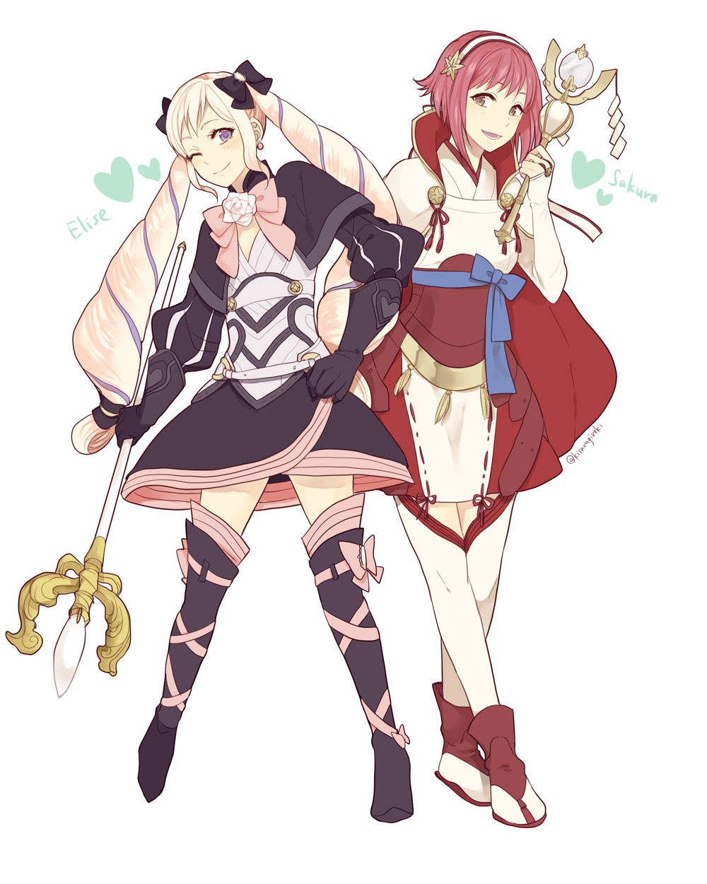 2girls aristocratic_clothes black_bow blonde_hair bow drill_hair elise_(fire_emblem) fire_emblem fire_emblem_fates hair_bow hairband highres holding holding_staff japanese_clothes kisaragireki long_hair looking_at_viewer multiple_girls nintendo pink_eyes pink_hair purple_eyes purple_hair sakura_(fire_emblem) staff twin_drills twintails white_hairband