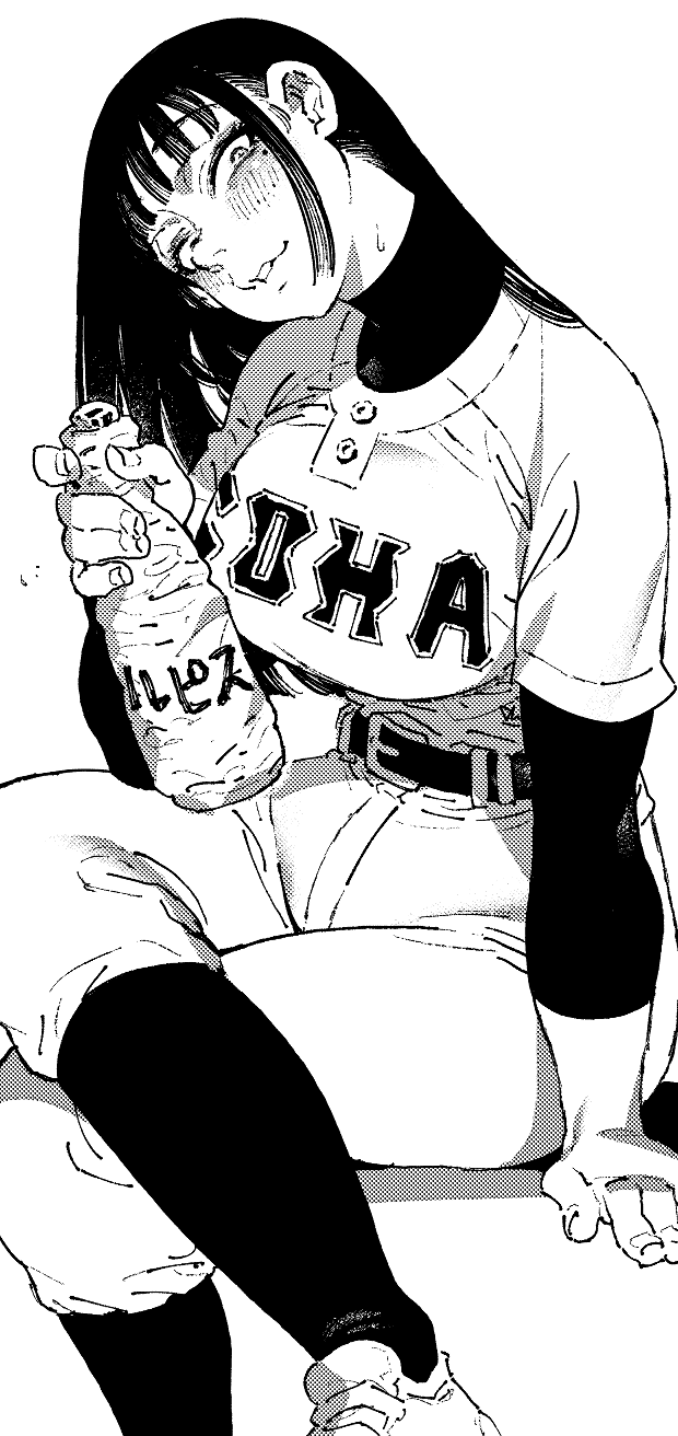 1girl agawa_sensei_(strikeout_pitch) arm_support baseball_jersey baseball_uniform belt blush bottle breasts calpis choppy_bangs clothes_writing crossed_legs greyscale head_tilt highres holding holding_bottle ireading jersey large_breasts layered_sleeves long_hair long_sleeves looking_at_viewer mole mole_under_eye monochrome pants parted_lips print_shirt sanpaku screentones shirt shirt_tucked_in shirt_under_shirt shoes short_over_long_sleeves short_sleeves simple_background sitting small_sweatdrop sneakers socks_over_pants solo sportswear strikeout_pitch turtleneck turtleneck_shirt undershirt white_background