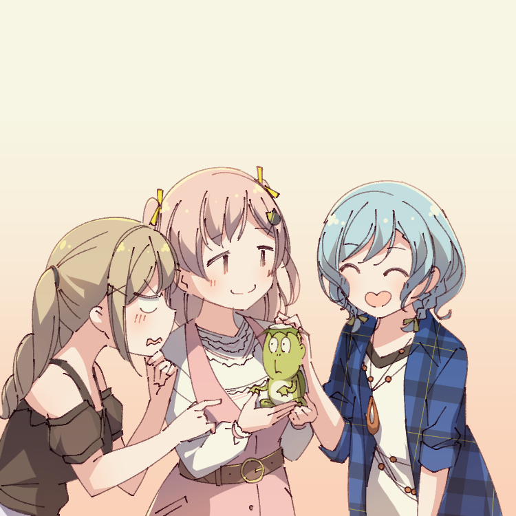 3girls ^_^ aqua_hair ayasaka bang_dream! belt blonde_hair blue_shirt braid brown_shirt cat_hair_ornament closed_eyes clothing_cutout commentary_request dress empty_eyes hair_ornament hair_ribbon hand_on_own_chin headpat heart-shaped_mouth hikawa_hina hiromachi_nanami holding ichigaya_arisa jewelry kappa long_hair long_sleeves multiple_girls pendant pinafore_dress pink_hair plaid_clothes plaid_shirt pointing ribbon shirt short_hair short_sleeves shoulder_cutout side_braids sleeveless sleeveless_dress smile tan_background twintails two_side_up upper_body v-shaped_eyebrows v-shaped_eyes wavy_mouth white_shirt x_hair_ornament yellow_ribbon |_|