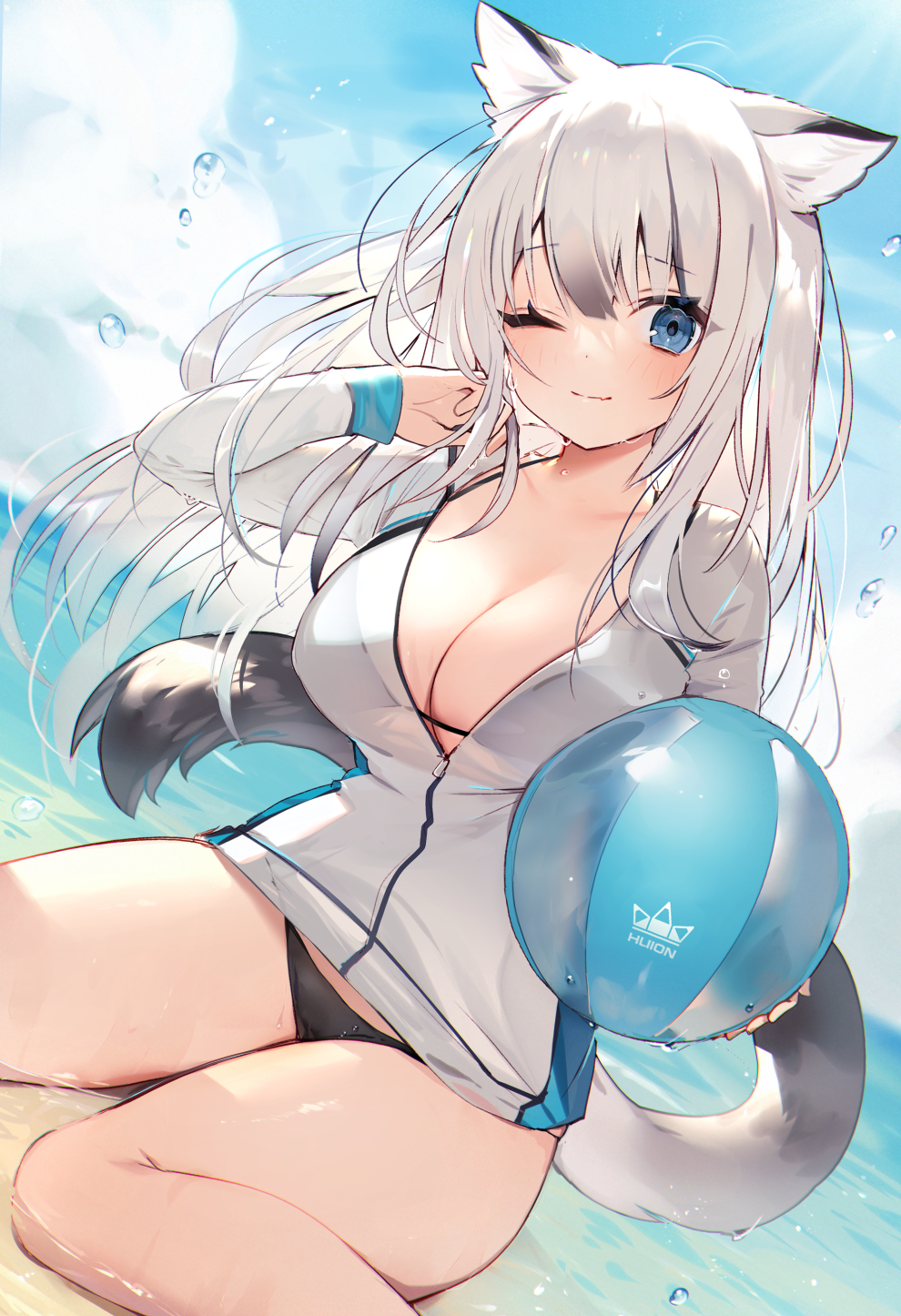 1girl animal_ears ball beachball bikini bikini_under_clothes black_bikini blue_eyes breasts cat_ears cat_girl cat_tail cleavage closed_mouth cloud day dutch_angle gradient_hair halterneck hand_up highres holding huion jacket large_breasts long_hair long_sleeves looking_at_viewer multicolored_hair muryotaro one_eye_closed original outdoors see-through_clothes silver_hair sitting smile solo string_bikini swimsuit tail thighs water white_jacket