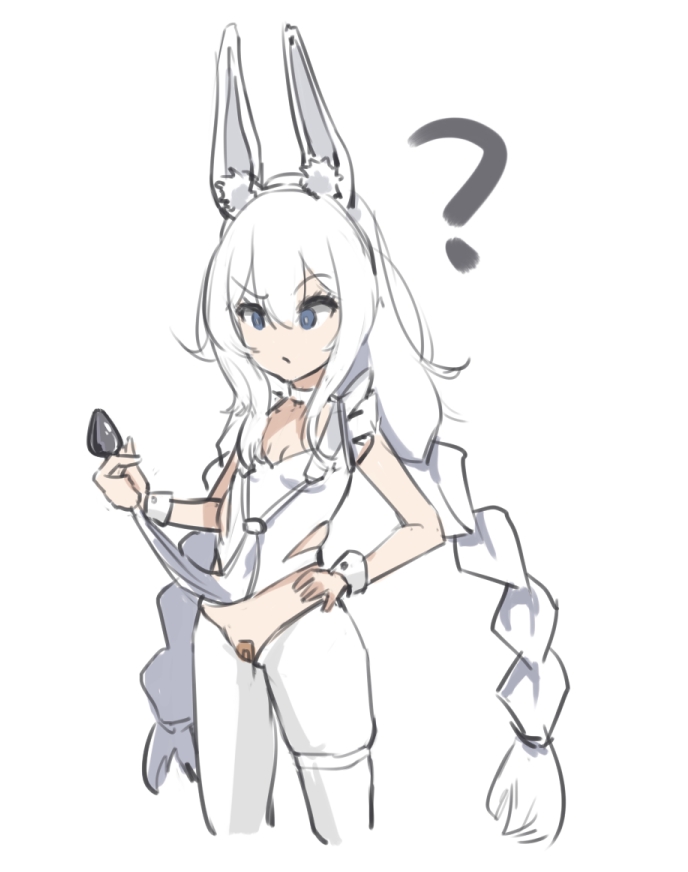 1girl :/ ? animal_ear_fluff animal_ears azur_lane bandaid bandaid_on_pussy blue_eyes braid butt_plug closed_mouth fake_animal_ears hairband le_malin_(azur_lane) le_malin_(listless_lapin)_(azur_lane) long_hair looking_at_object low_twin_braids official_alternate_costume pantyhose rabbit_ears sex_toy silver_hair simple_background sketch solo standing thigh_strap twin_braids very_long_hair white_background white_pantyhose windup wrist_cuffs