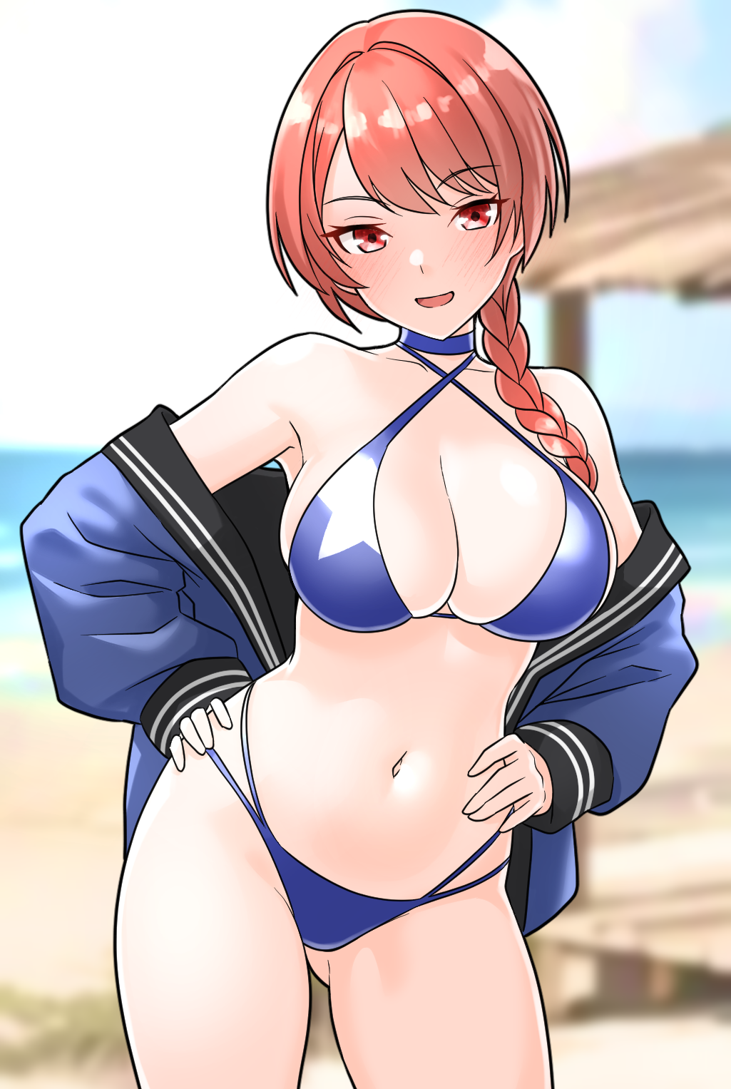 1girl beach bikini blue_bikini blue_jacket blurry blurry_background blush braid breasts contrapposto cowboy_shot criss-cross_halter day furaggu_(frag_0416) halterneck hand_on_own_hip hands_on_own_hips highres jacket kantai_collection large_breasts long_hair looking_at_viewer multi-strapped_bikini_bottom navel nevada_(kancolle) open_clothes open_jacket outdoors red_eyes red_hair single_braid solo standing swimsuit