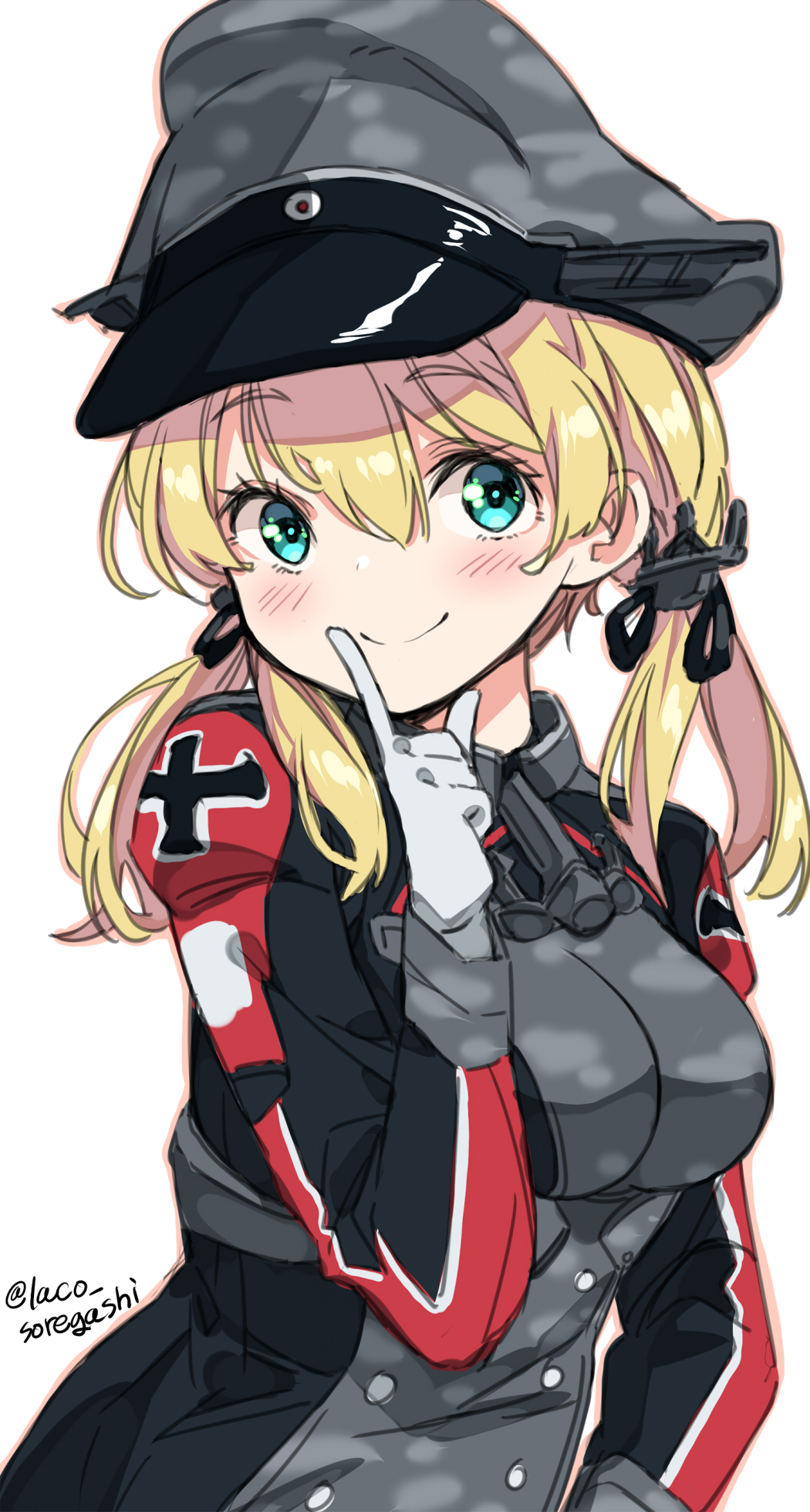 1girl anchor_hair_ornament aqua_eyes blonde_hair camouflage cross gloves hair_ornament hat highres iron_cross kantai_collection laco_soregashi long_hair low_twintails military military_hat military_uniform one-hour_drawing_challenge peaked_cap prinz_eugen_(kancolle) simple_background solo twintails upper_body white_background white_gloves