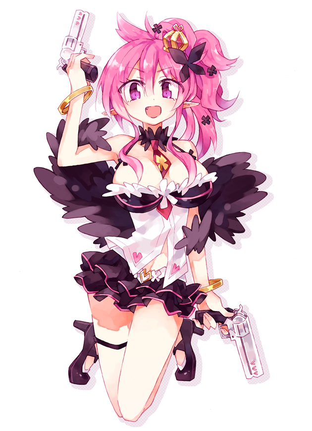 1girl :d ankle_wings bad_anatomy bad_id bad_pixiv_id bracelet breasts choker cleavage crown disgaea dual_wielding earrings feather_boa female_focus full_body gun hair_ornament high_heels holding jewelry large_breasts lodge_(clockworld) makai_senki_disgaea_5 microskirt miniskirt necktie open_mouth pink_hair pointy_ears purple_eyes red_crown seraphina_(disgaea) seraphine shoes short_hair single_thighhigh skirt smile solo thighhighs weapon white_background wings