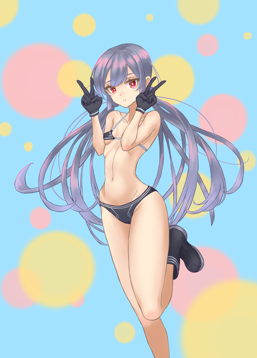 1girl alternate_costume bikini black_bikini black_footwear black_scarf blush boots breasts double_v duel_monster gloves grey_hair hatopoyo highres long_hair navel red_eyes scarf sky_striker_ace_-_roze small_breasts solo swimsuit twintails v yu-gi-oh!