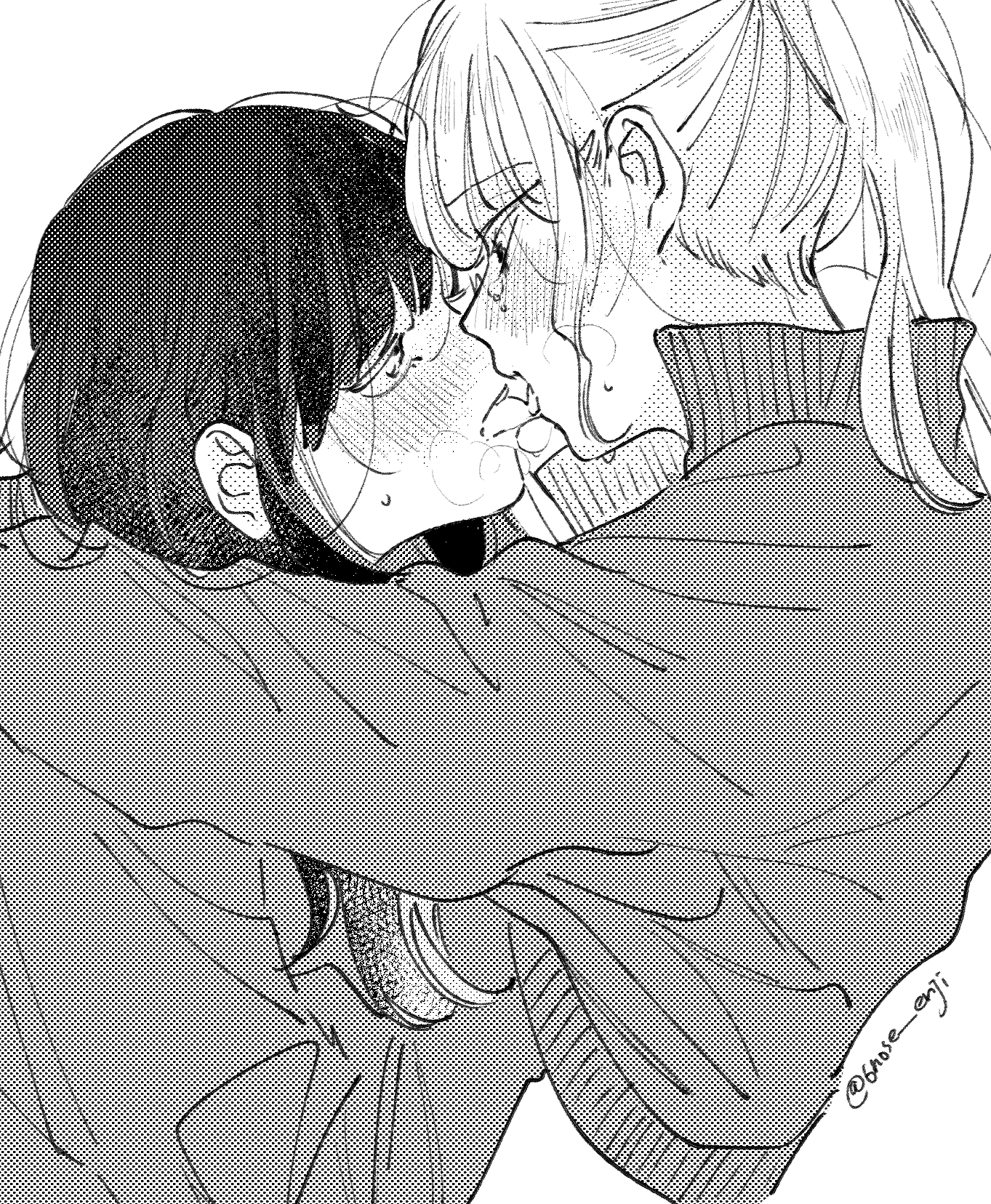 2girls 6noseenji blush breath commentary_request french_kiss greyscale hand_under_clothes highres jacket kiss long_hair long_sleeves monochrome multiple_girls original ponytail sweat tongue tongue_out track_jacket twitter_username upper_body yuri