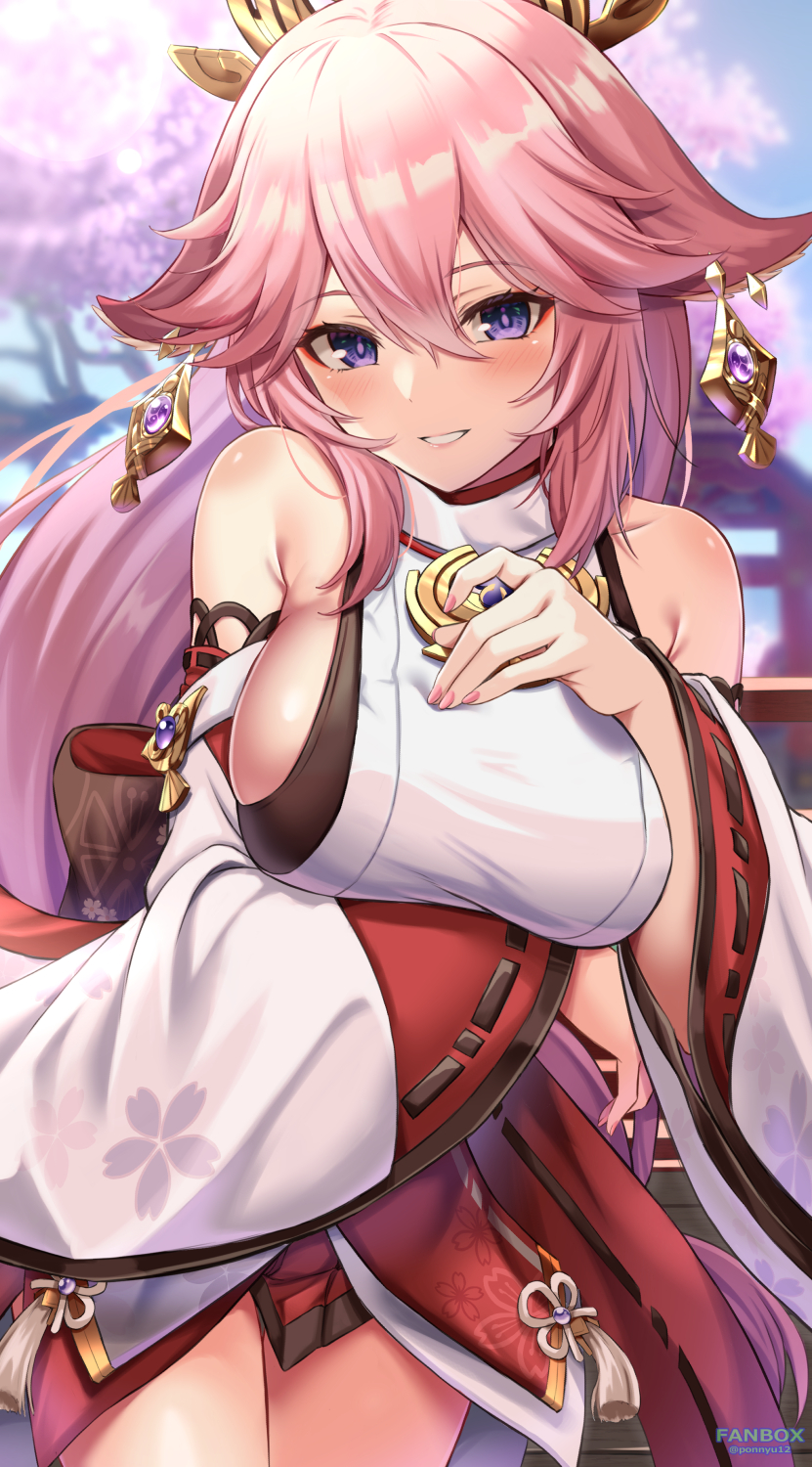 1girl bare_shoulders blurry blush breasts cowboy_shot depth_of_field detached_sleeves genshin_impact hair_ornament highres japanese_clothes large_breasts long_hair long_sleeves looking_at_viewer miko pink_hair ponnyu12 purple_eyes sideboob smile solo thighs wide_sleeves yae_miko