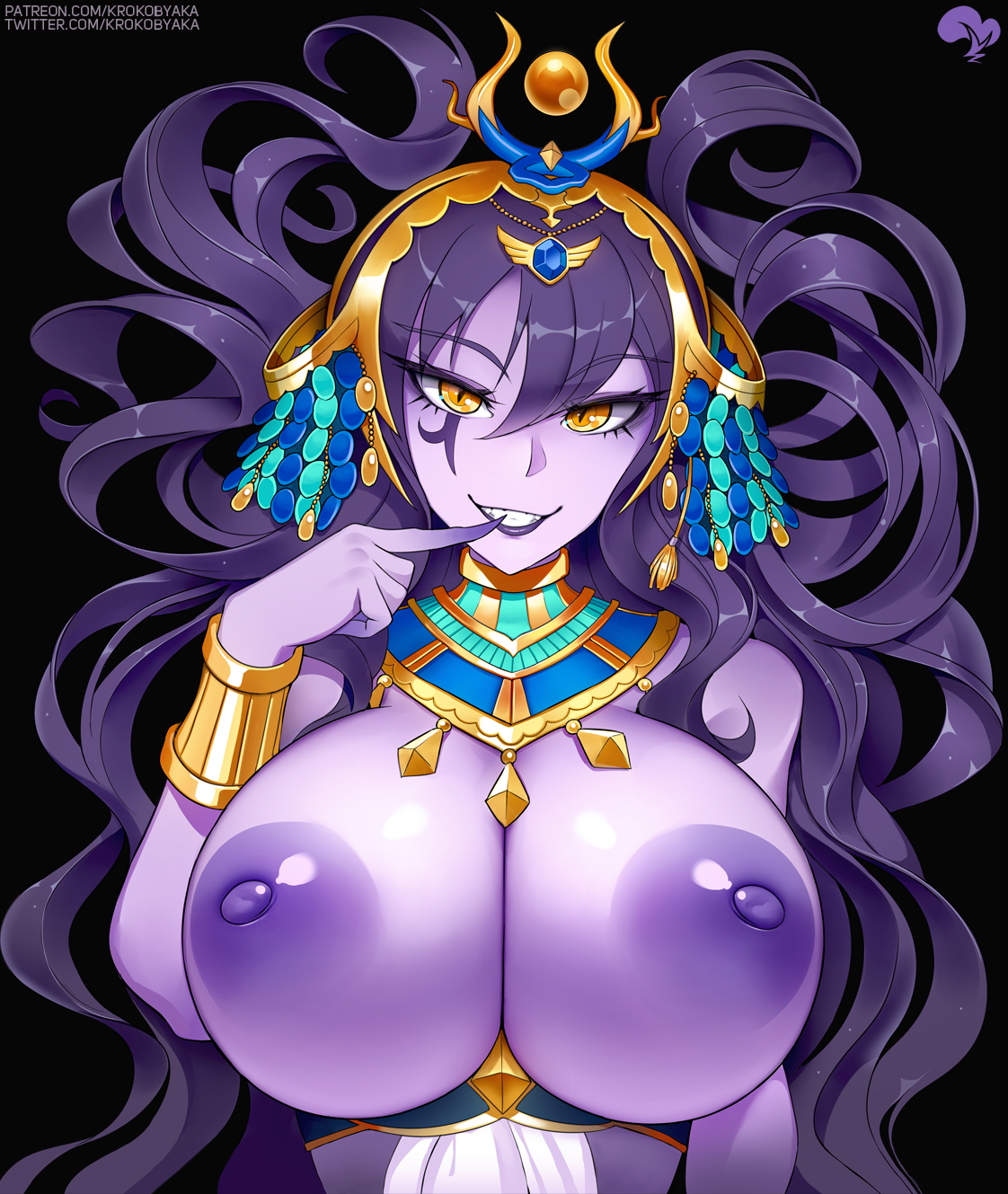 krokobyaka, vexoria the sun eater, indie virtual youtuber, commentary,  english commentary, highres, 1girl, areola slip, black background, breasts,  colored skin, finger to mouth, grin, hair between eyes, hair spread out,  huge breasts,