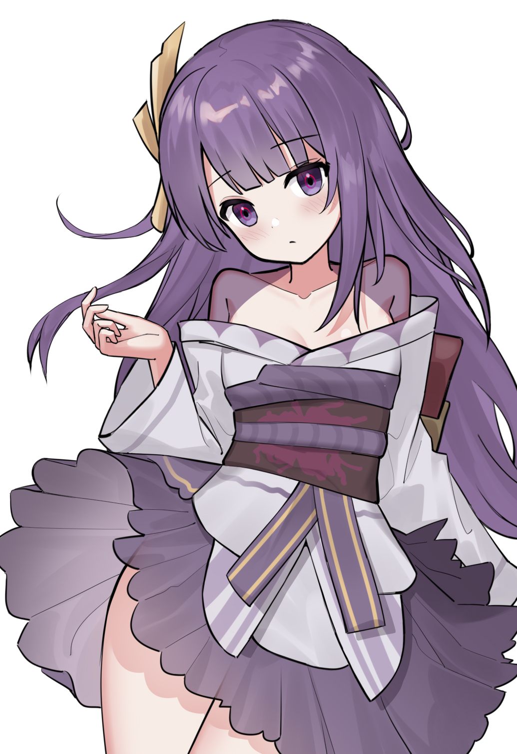 1girl aged_down blunt_bangs blush bow breasts cleavage closed_mouth collarbone cowboy_shot genshin_impact grey_kimono hair_ornament head_tilt highres japanese_clothes kimono long_hair long_sleeves looking_at_viewer nagisa_(cxcx5235) obi purple_bow purple_eyes purple_hair raiden_shogun sash simple_background small_breasts solo thighs very_long_hair white_background