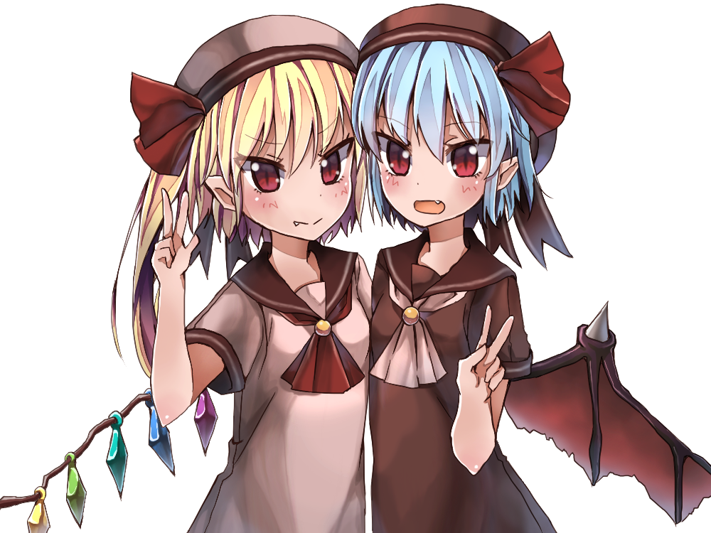 2girls alternate_costume ascot bad_id bad_pixiv_id bat_wings blonde_hair blue_hair blush crystal fang flandre_scarlet hat hat_ribbon looking_at_viewer multiple_girls open_mouth pointy_ears re-ka red_eyes remilia_scarlet ribbon sailor_collar school_uniform short_hair short_sleeves siblings side_ponytail simple_background sisters slit_pupils smile touhou upper_body v white_background wings