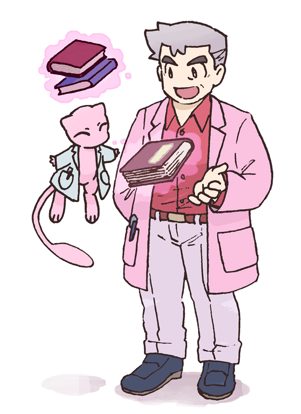 1boy alternate_color animal_ears book cat_ears cat_tail coat creatures_(company) cro_iz full_body game_freak gen_1_pokemon grey_hair lab_coat legendary_pokemon male_focus mew_(pokemon) mythical_pokemon nintendo old old_man pink_coat pokemon pokemon_(creature) pokemon_masters_ex red_shirt samuel_oak shirt simple_background standing tail telekinesis thick_eyebrows white_background