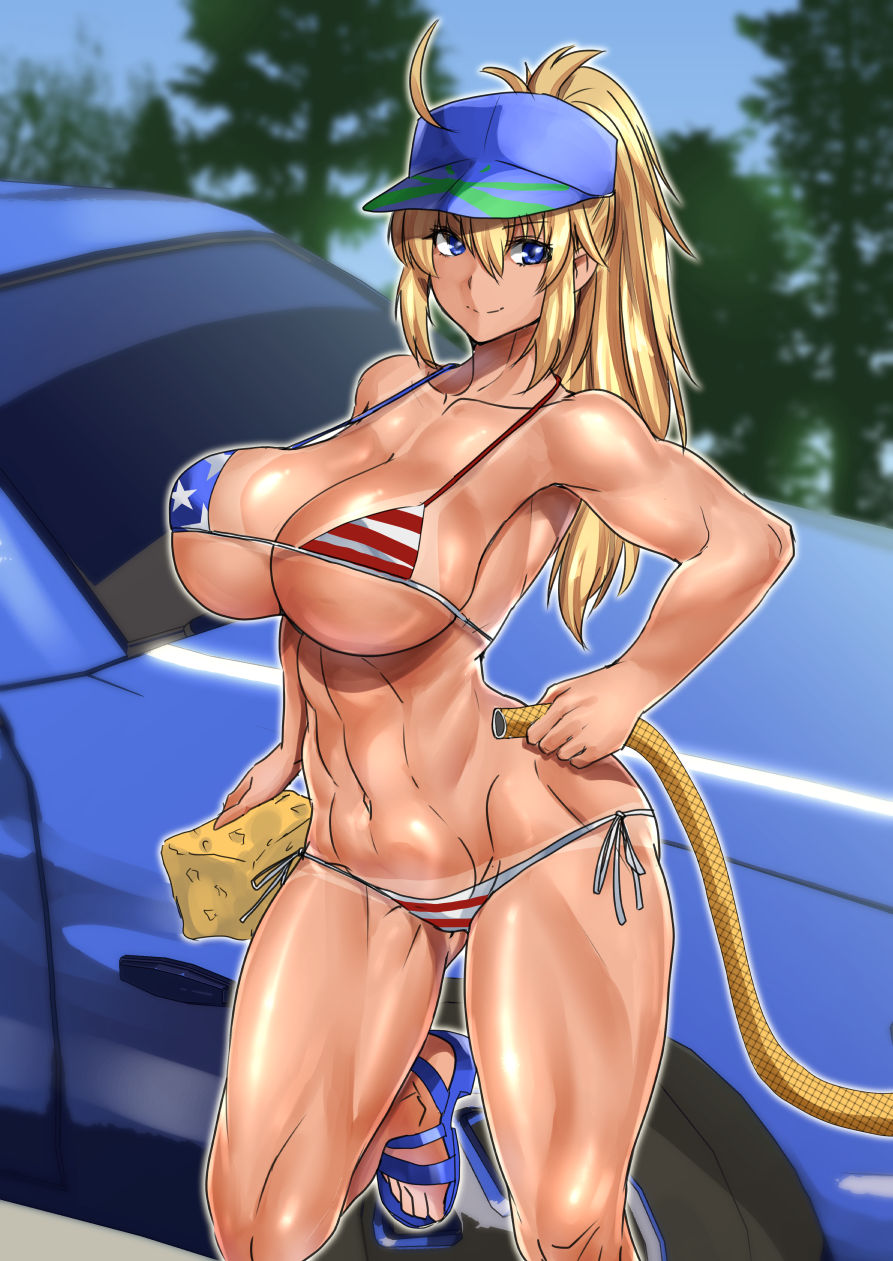 1girl ahoge american_flag american_flag_bikini american_flag_print artoria_pendragon_(fate) baseball_cap bikini blonde_hair blue_eyes blue_footwear blue_sky breasts car car_wash dark-skinned_female dark_skin fate/grand_order fate_(series) flag_print forest hat highres hose koucha_indian large_breasts long_hair looking_at_viewer motor_vehicle muscular muscular_female mysterious_heroine_x_(fate) mysterious_heroine_xx_(fate) nature navel print_bikini sandals sky smile soap_bubbles solo sponge summer swimsuit tan tanline toned tree washing_vehicle