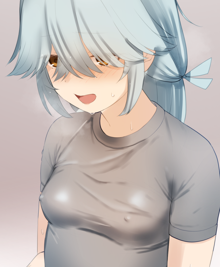 1girl blue_hair blue_ribbon blush breasts brown_background brown_eyes commentary_request covered_erect_nipples gradient_background grey_shirt hair_between_eyes hair_over_one_eye hair_ribbon hamanami_(kancolle) kantai_collection long_hair looking_at_viewer open_mouth ribbon sakiecho shirt short_sleeves sidelocks skin_tight small_breasts smile solo sweat t-shirt unfinished upper_body