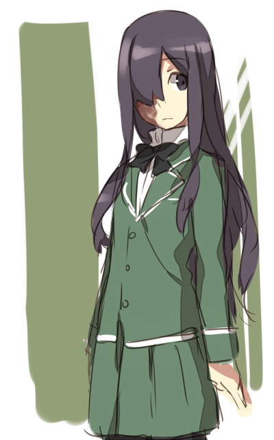 10s 1girl alternate_costume bow bowtie female_focus hair_over_one_eye ikezawa_hanako katawa_shoujo long_hair moekki pantyhose purple_eyes purple_hair scar school_uniform simple_background skirt solo weee_(raemz)