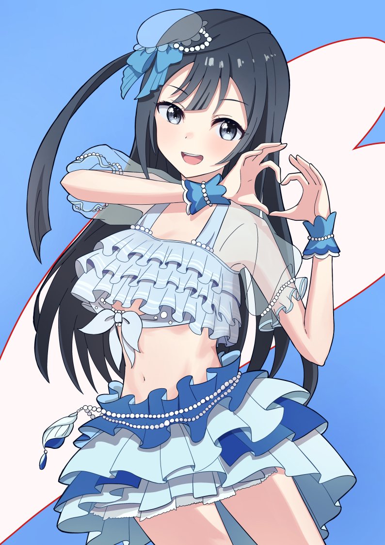 1girl :d awaomi bikini black_eyes black_hair blue!_(love_live!) blue_background blue_bikini blue_bow blue_skirt bow commentary contrapposto cowboy_shot frilled_bikini frills hair_bow hands_up heart heart_background heart_hands layered_skirt long_hair looking_at_viewer love_live! love_live!_nijigasaki_high_school_idol_club miniskirt navel one_side_up open_mouth puffy_short_sleeves puffy_sleeves red_background see-through_clothes see-through_sleeves short_sleeves skirt smile solo swimsuit teeth upper_teeth_only yuki_setsuna