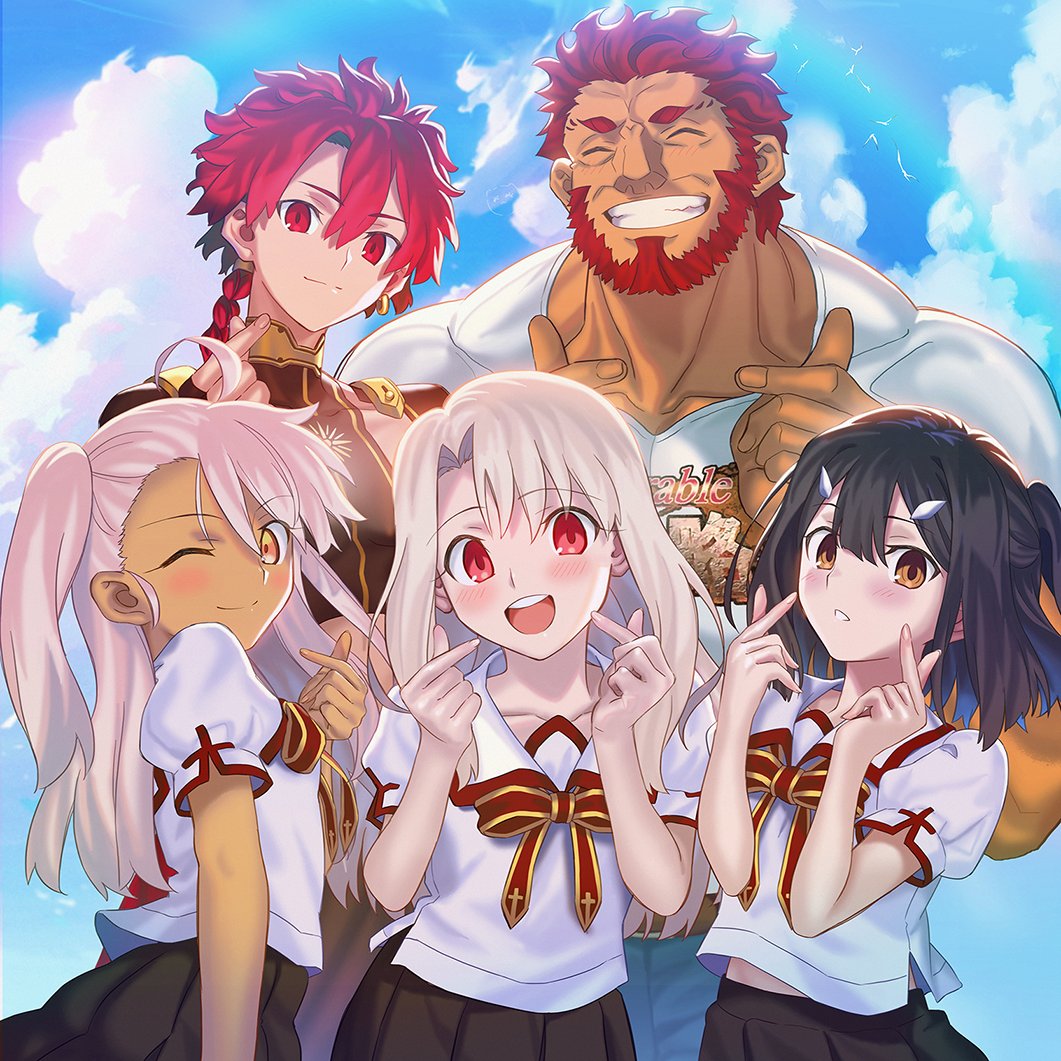 2boys 3girls ahoge alexander_(fate) aora beard black_hair braid brown_eyes chloe_von_einzbern dark-skinned_female dark-skinned_male dark_skin facial_hair fate/grand_order fate_(series) finger_heart grin homurabara_academy_school_uniform illyasviel_von_einzbern iskandar_(fate) miyu_edelfelt multiple_boys multiple_girls one_eye_closed one_side_up orange_eyes pink_hair pleated_skirt red_hair school_uniform skirt smile white_hair