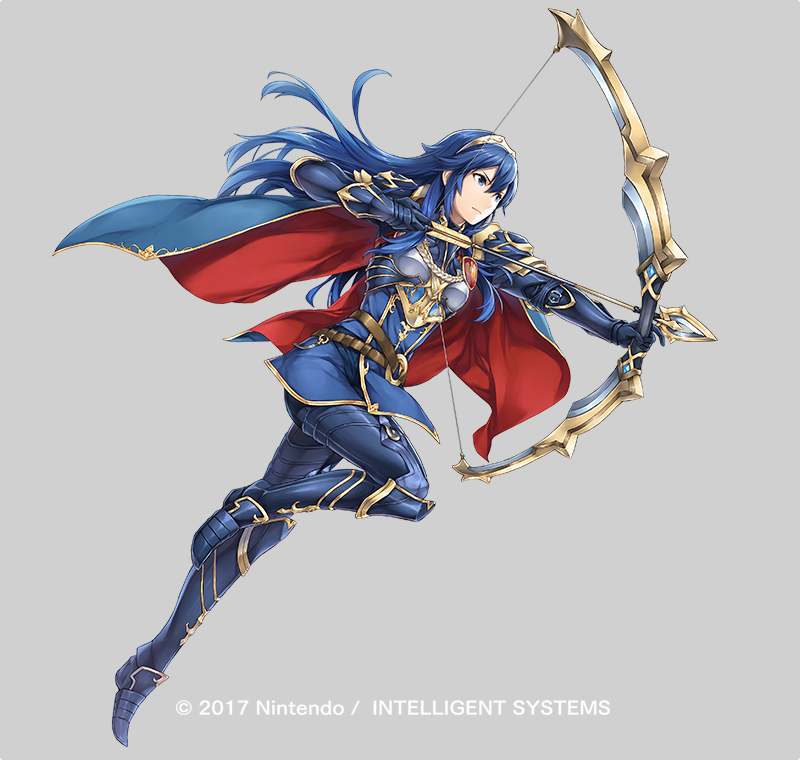 1girl archery armor arrow_(projectile) blue_eyes blue_hair bow_(weapon) cape female_focus fire_emblem fire_emblem_awakening fire_emblem_heroes full_body holding holding_bow_(weapon) holding_weapon long_hair lucina_(fire_emblem) nintendo official_art simple_background solo tiara weapon yamada_koutarou