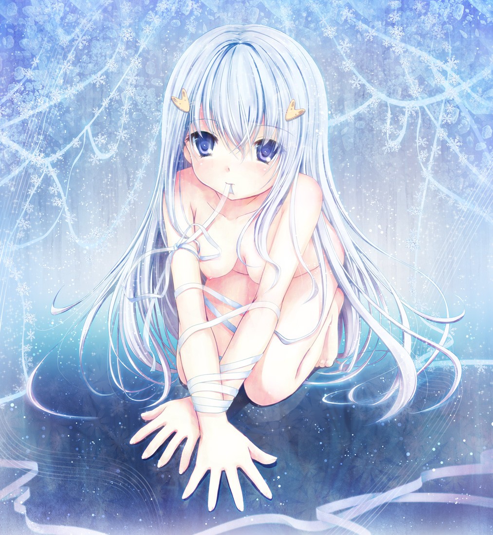 1girl arm_support aruciii barefoot blue_eyes blue_hair breasts female_focus hair_between_eyes hair_ornament hairclip leaning_forward long_hair matching_hair/eyes medium_breasts mouth_hold nipples nude original ribbon snowflakes solo