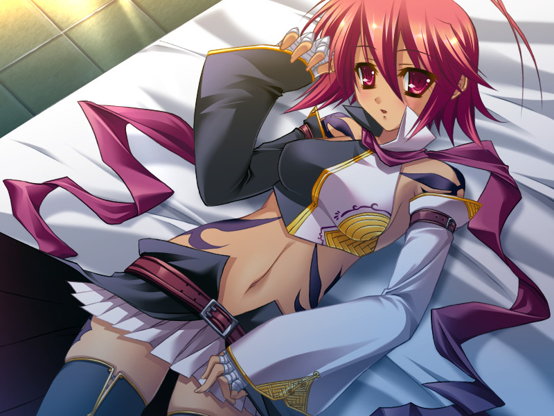 1girl antenna_hair bed blush female_focus game_cg katagiri_hinata koihime_musou lying navel pink_eyes pink_hair red_eyes ryofu short_hair solo tattoo