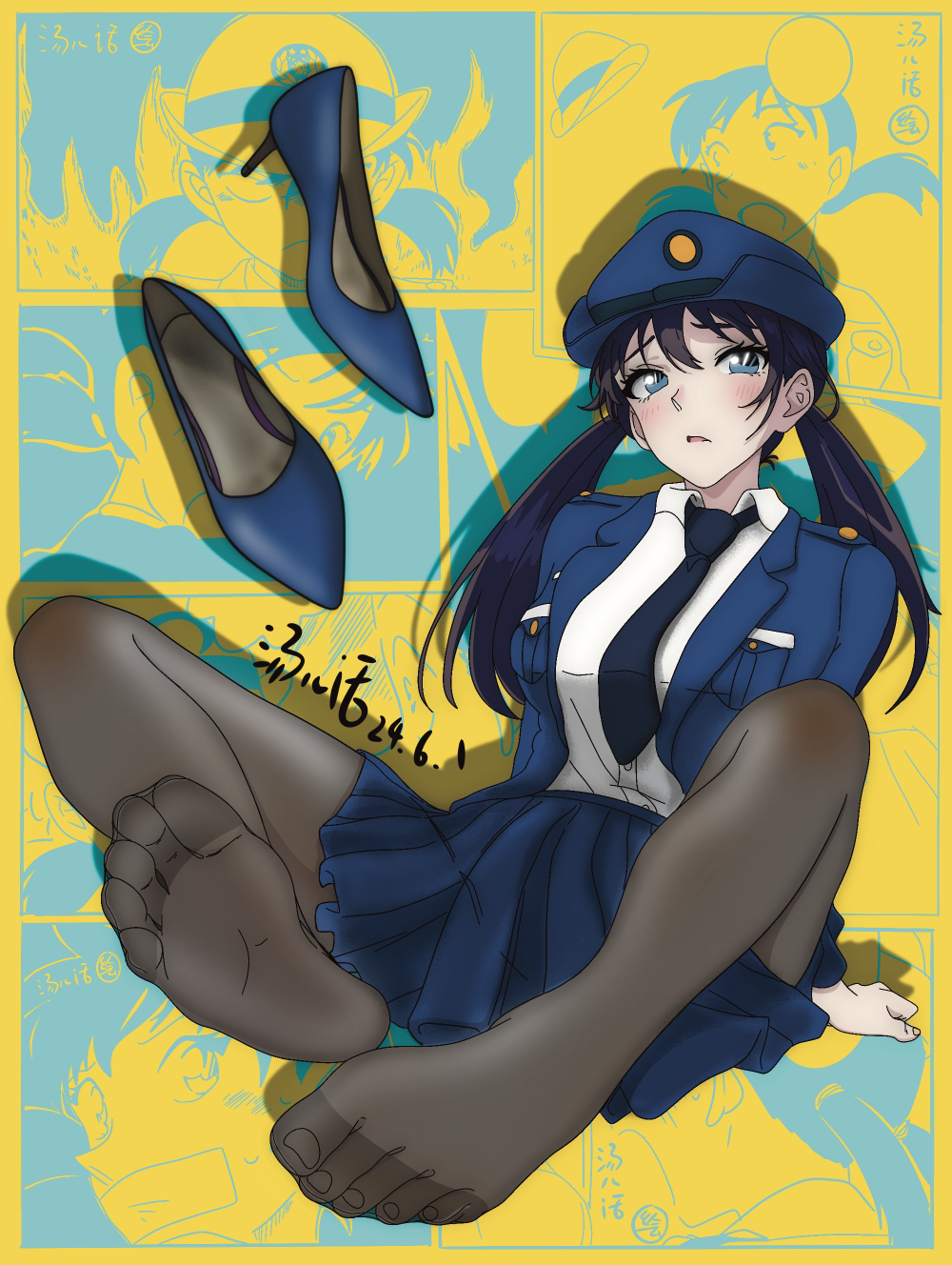 1girl black_hair blue_eyes blush feet highres long_hair looking_at_viewer low_twintails meitantei_conan miike_naeko pantyhose parted_lips police police_uniform policewoman shoes soles tangerhua toes twintails unworn_shoes