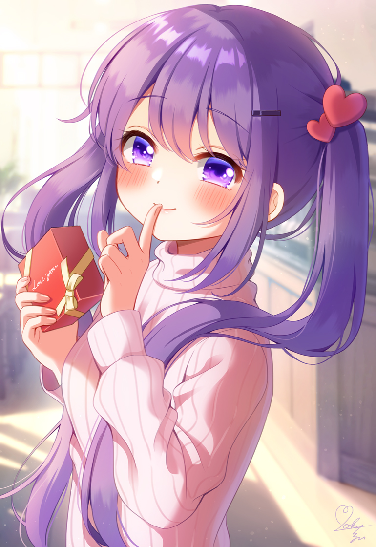 1girl blush box closed_mouth gift gift_box gochuumon_wa_usagi_desu_ka? hair_ornament hairclip heart heart_hair_ornament holding holding_gift long_hair long_sleeves looking_at_viewer mozukun43 pink_sweater purple_eyes purple_hair ribbed_sweater signature smile solo sweater tedeza_rize twintails upper_body