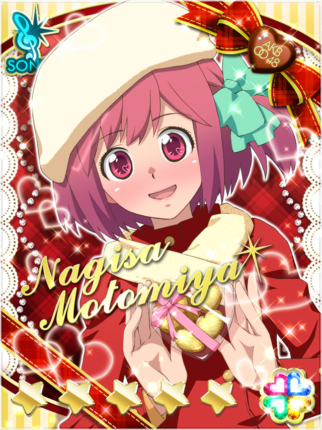 1girl :d akb0048 blush bow candy card_(medium) character_name chocolate chocolate_heart coat dutch_angle food gift green_bow hair_bow hat heart heart-shaped_food holding holding_gift looking_at_viewer motomiya_nagisa non-web_source official_art one_side_up open_mouth pink_hair plaid_background red_background red_coat red_eyes smile solo sparkle star_(symbol) treble_clef upper_body white_hat