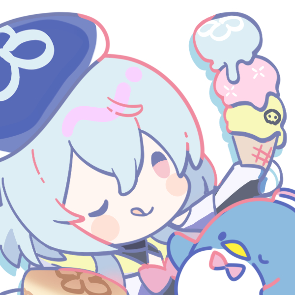 1boy ;q animal arknights beret bird black_gloves black_hat blue_eyes blush_stickers closed_mouth flot food gloves hair_between_eyes hat holding holding_food ice_cream long_sleeves male_focus mizuki_(arknights) one_eye_closed penguin red_eyes simple_background smile solo tongue tongue_out triple_scoop white_background white_gloves