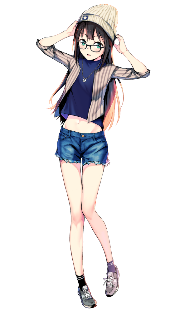 10s 1girl adjusting_clothes adjusting_headwear bespectacled brown_hair casual deca_purio female_focus full_body glasses green_eyes hat idolmaster idolmaster_cinderella_girls jewelry long_hair looking_at_viewer navel necklace shibuya_rin shorts simple_background solo