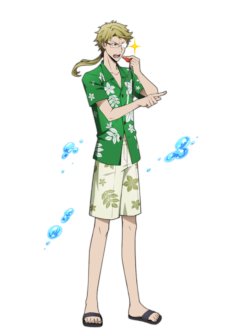 1boy artist_request bad_source blonde_hair bungou_stray_dogs floral_print full_body glasses green_shirt kunikida_doppo_(bungou_stray_dogs) leaf_print male_focus male_swimwear official_art open_mouth pointing print_male_swimwear print_swim_trunks print_swimsuit sandals shirt short_sleeves swim_trunks swimsuit teeth toenails toes transparent_background whistle whistle_around_neck white_male_swimwear white_swim_trunks