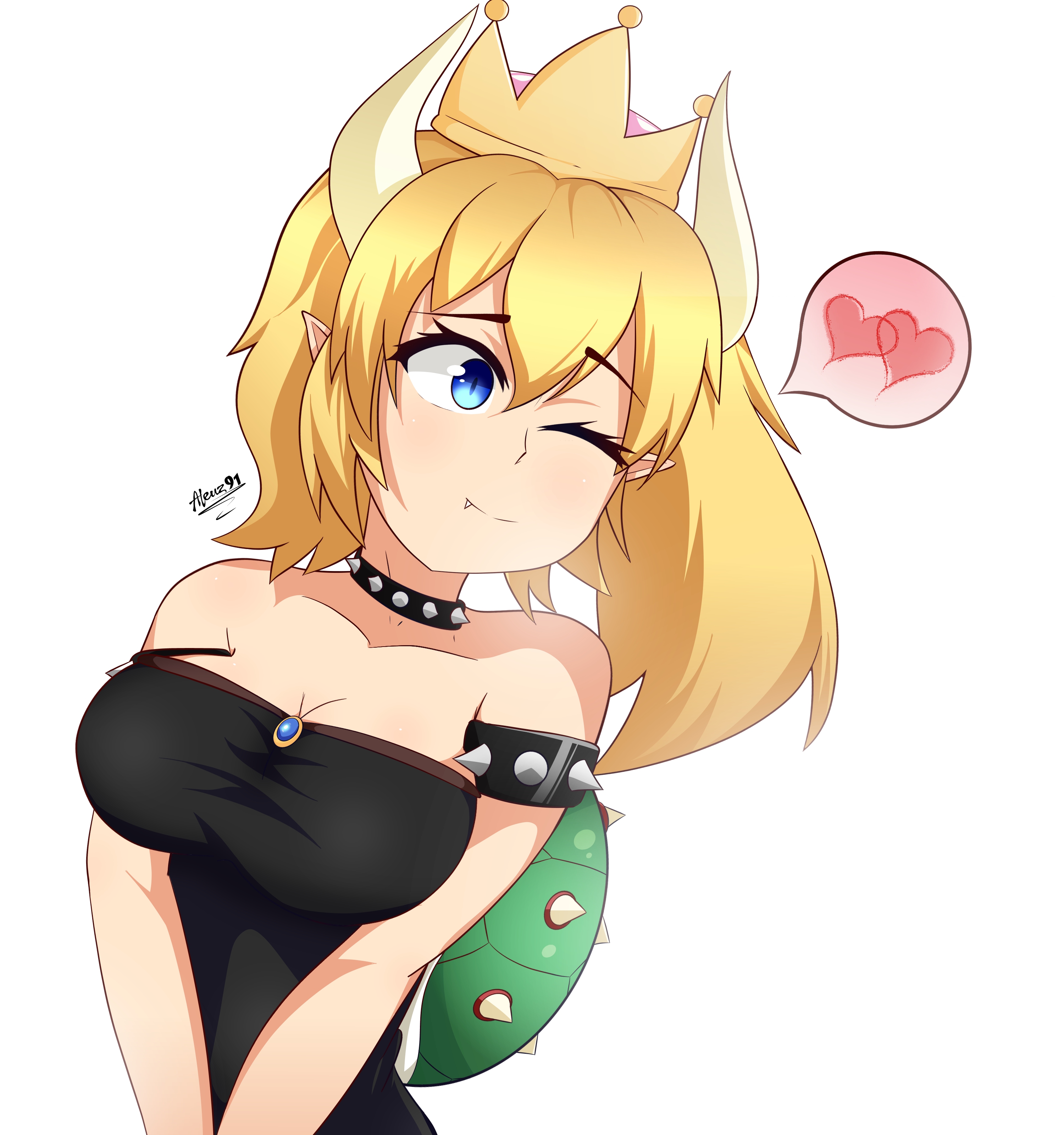 aleuz91, bowsette, mario (series), new super mario bros. u deluxe,  nintendo, absurdres, highres, armlet, artist name, bare shoulders, black  dress, blonde hair, blue eyes, breasts, closed mouth, collarbone, crown,  dress, fang, heart,